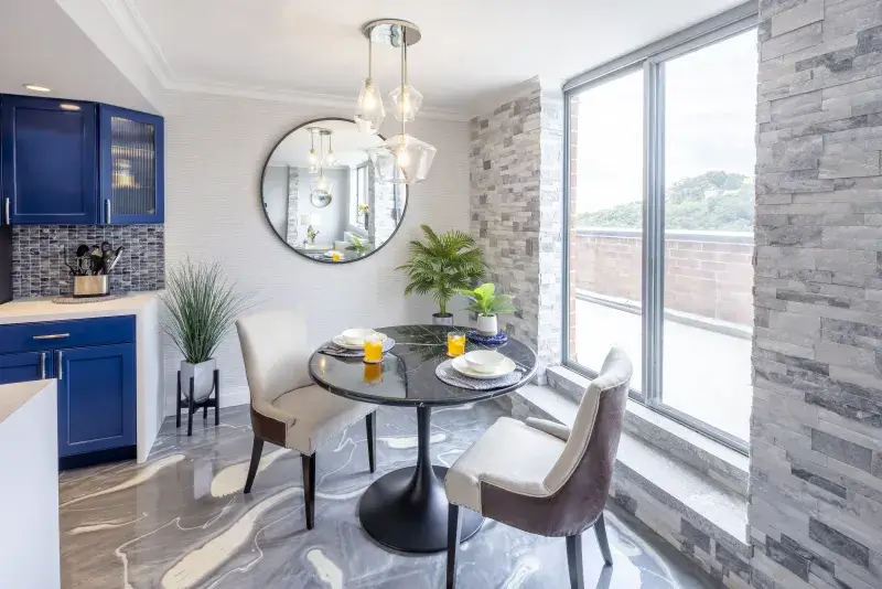 A modern dining space in a Staten Island condo, featuring urban interiors, a stylish dining nook, and smart small-space design solutions.