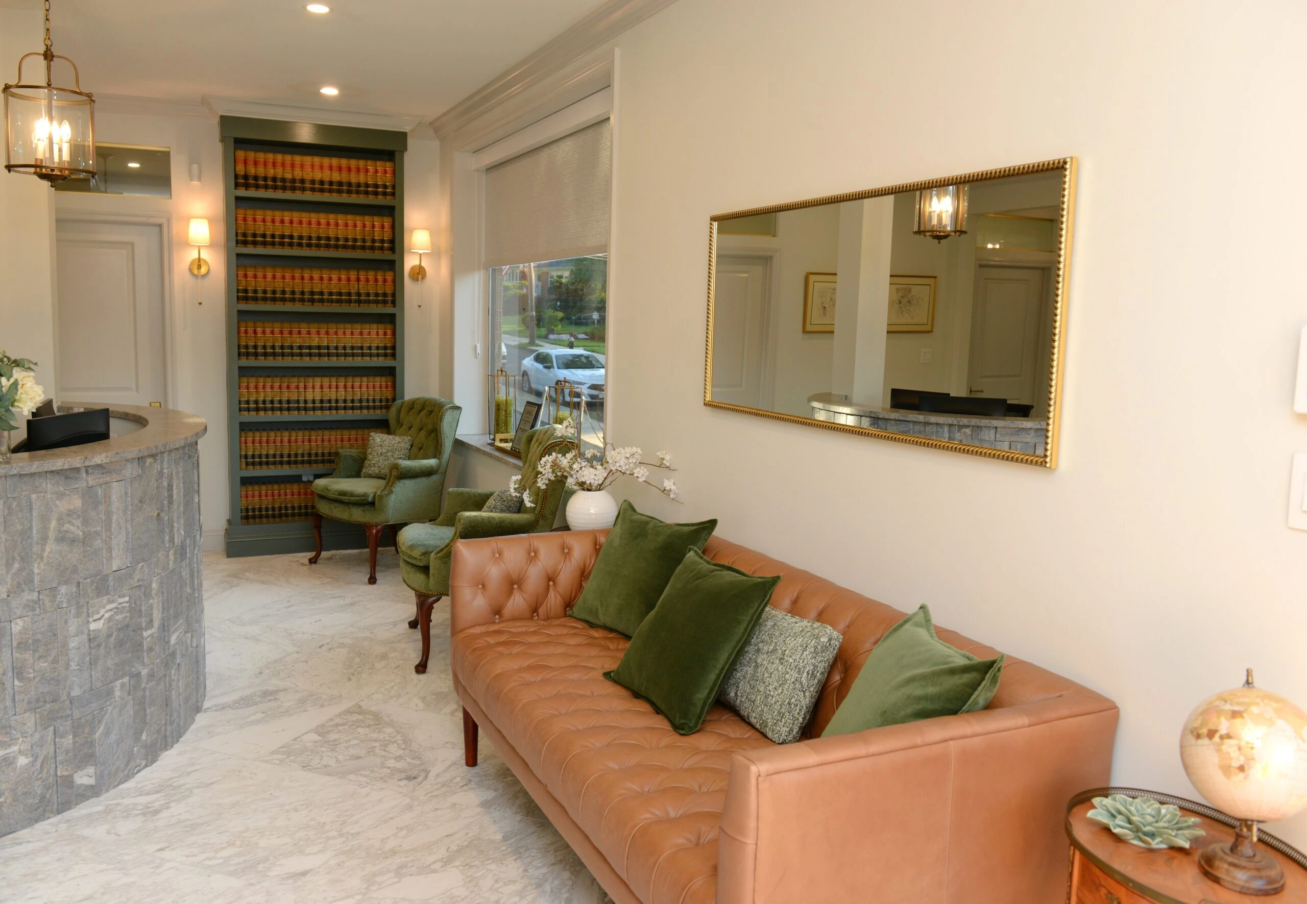 Staten Island law firm design featuring marble interiors, custom lighting, and an award-winning renovation.