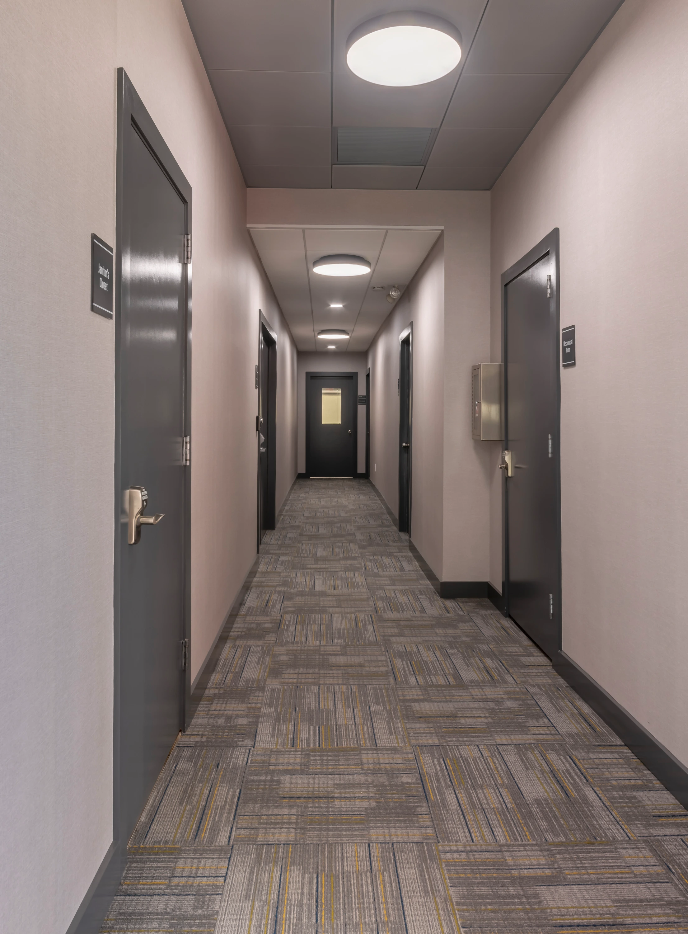 Modern office corridor in Staten Island with contemporary interiors, professional lighting, patterned carpet flooring, and sleek door and molding details.