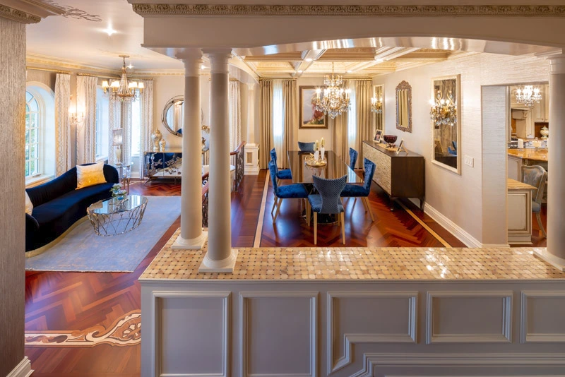 Luxury dining room with coffered ceiling, elegant molding, and modern traditional interior design in Staten Island.